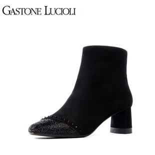 靳東gucci Gastone lucioli歌斯東尼2020春秋新款短靴水鉆拼接羊皮粗跟女鞋 gucci包
