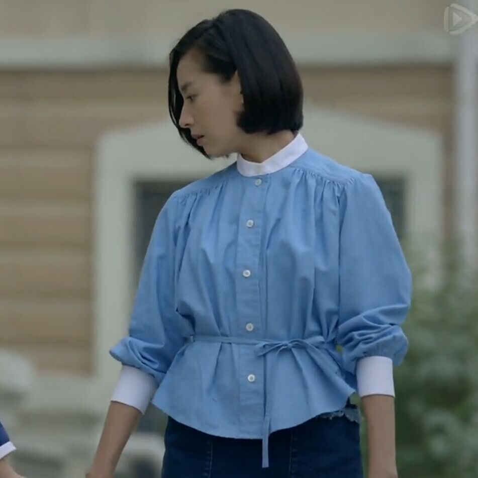 同款虎妈猫爸董洁唐琳腰带上衣蓝色娃娃全棉衬衫