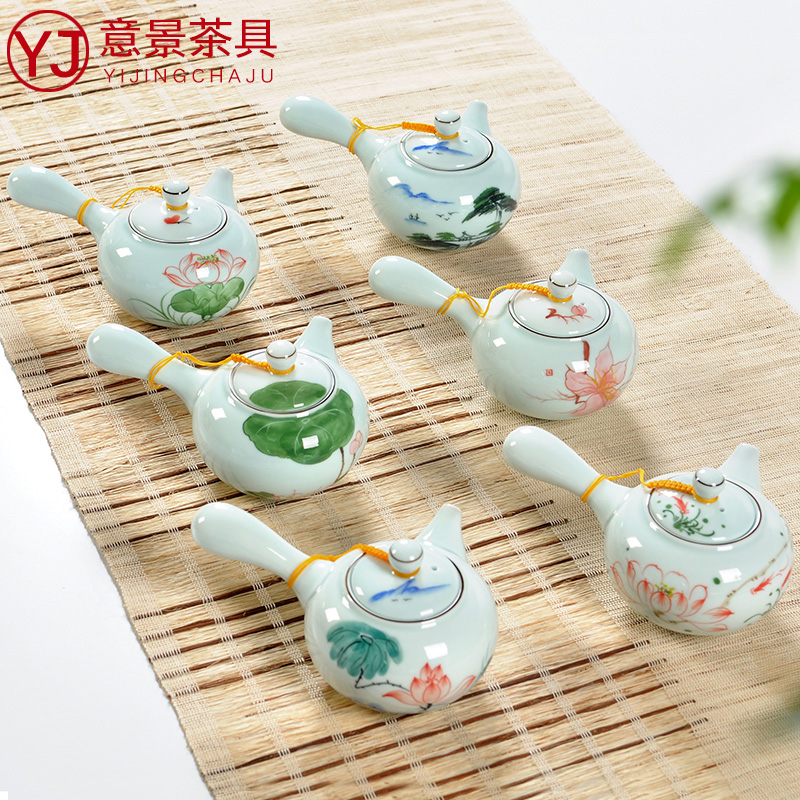 意景茶具 青瓷手绘茶壶长柄侧把壶手工日式泡茶器陶瓷功夫茶具产品展示图1