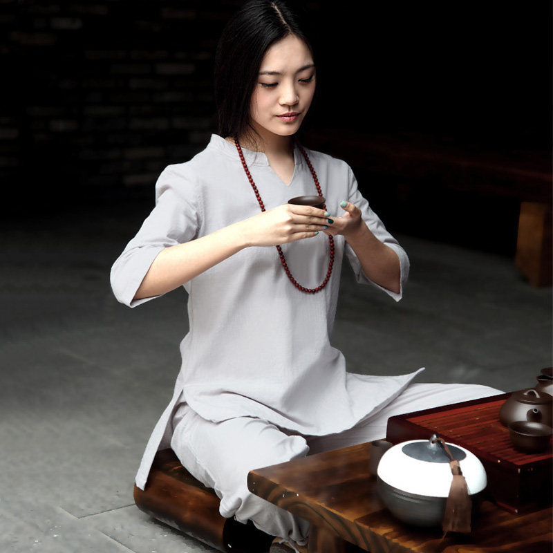 康愫雅白色棉麻瑜伽服套装女居士服禅修服秋冬打坐禅服七分袖特价