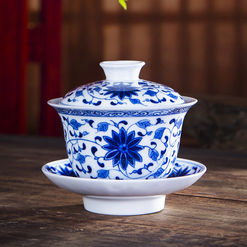 陶瓷三才杯手抓盖碗大号景德镇手绘青花瓷功夫茶具加厚中式泡茶器