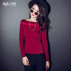 Seven space space OTHERMIX2015 spring new spliced mesh stretch slim fit long sleeve crew neck t shirt women