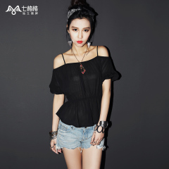 Summer of seven space space OTHERCRAZY2015 new style sexy off the shoulder boat neck waist slimming chiffon shirt-