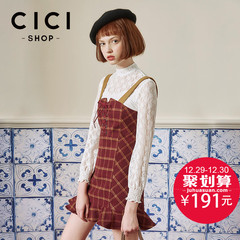 CICISHOP2016新款吊带连衣裙秋冬复古百搭吊带格子连衣裙女7791