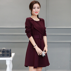 阿依莉2016秋季新款女装韩版修身长袖衬衫连衣裙纯色中裙显瘦裙子