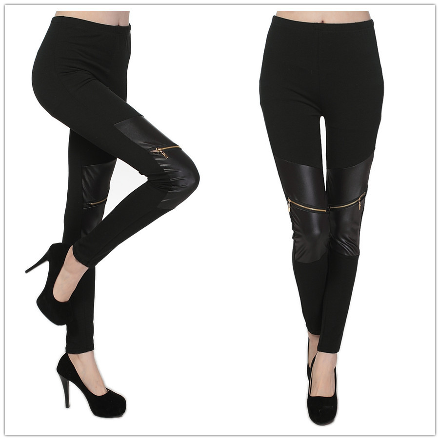 2017欧美新款时尚显瘦膝盖拉链拼皮补丁拼接打底裤 leggings在类目 女装/女士精品, 裤子, 打底裤中 - 来自Buy2taobao.com提供专业的淘宝代购服务