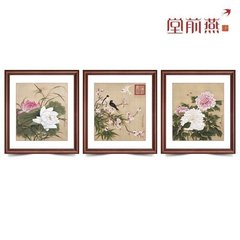 花卉新中式客厅装饰画版画实木框墙画沙发背景墙三联画别墅挂画