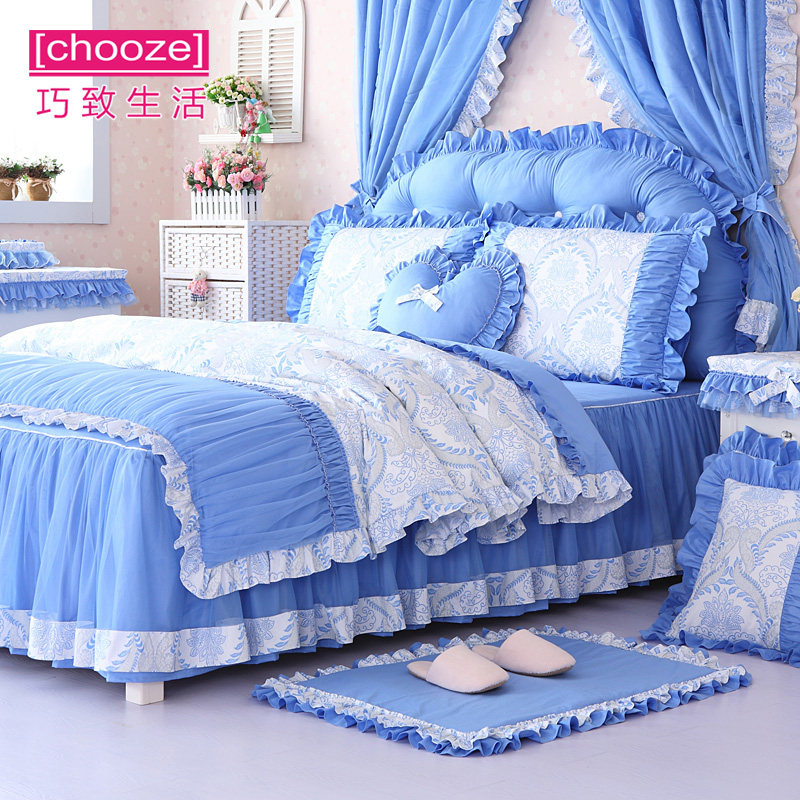 田园公主风蓝色纯棉床裙款四件套双人1.8m全棉花边被套床单床品