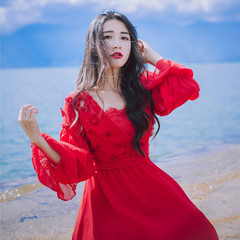 2017春夏新款修身显瘦大红裙立体蕾丝花朵长袖女神度假连衣裙长裙