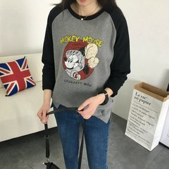 韩版春季加厚磨毛棉插肩袖耳机卡通米奇印花长袖T恤女宽松打底衫