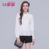 Lagogo/拉谷谷2015秋季新款纯色修身木耳花边衬衫上衣ECA635J329