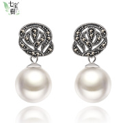 Pearl Earring earring roundness S925 qibao tree fungus Thai silver jewelry hypoallergenic earrings ethnic women