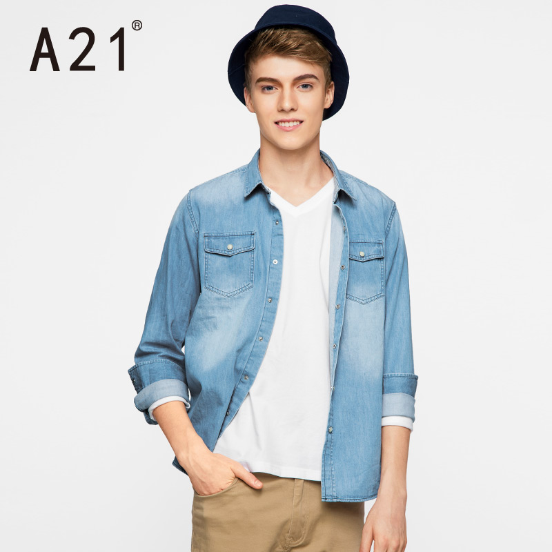 A21男士牛仔衬衫男长袖薄款学生休闲个性欧美复古修身衬衣潮新款产品展示图5