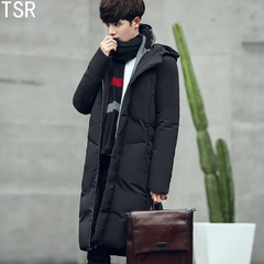 韩版时尚男士长款棉衣上衣2016冬装新品黑色青年潮流连帽保暖棉服