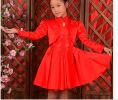 女童礼服公主裙蓬蓬裙女童圣诞节演出服装儿童旗袍秋冬红色复古裙