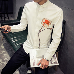 秋季长袖衬衫韩版修身时尚休闲印花玫瑰男士衬衣免烫潮男装