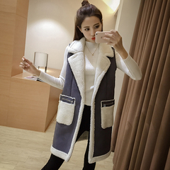 2016冬装新款韩国麂皮绒皮毛一体羊羔毛大翻领中长款马甲外套女