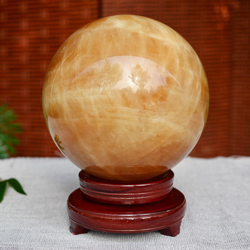 天然风水球黄晶冰洲方解石质招财转运球摆件办公室客厅装饰品