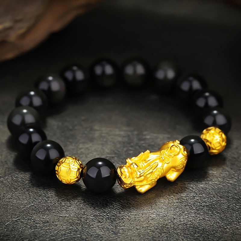 招财黄金貔貅手链 男士开光彩眼黑曜石虎眼石999足金女貔恘手串