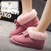 2015 winter new student bows warm snow boots women's shoes shoes leather booties flat wool