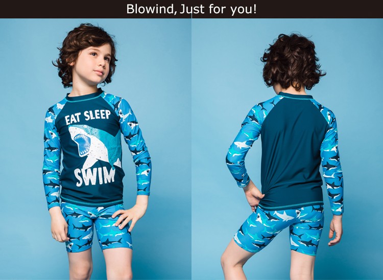 出口英国儿童泳衣男童防晒抗UV长袖保暖大鲨鱼分体游泳衣冲浪服潮
