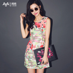 Summer of seven space space OTHERMIX2015 new color print sleeveless round neck chiffon dress