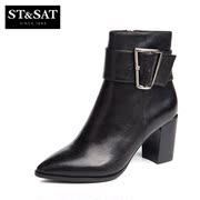 St&Sat/2015 winter new style leather belt buckle on Saturday tipped thick high heel women shoes SS54112934