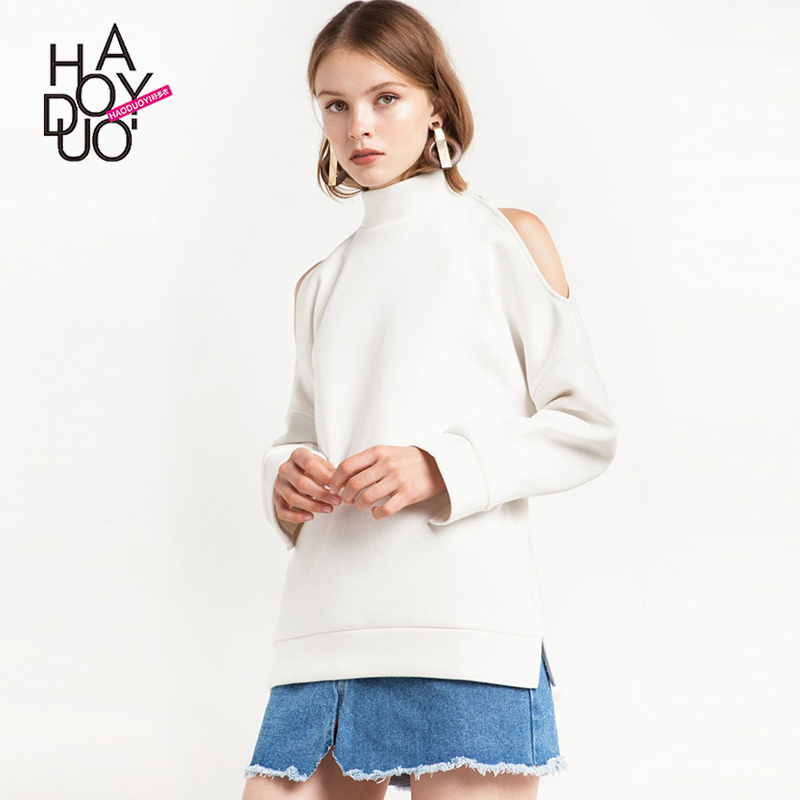 Haoduoyi2017春装新款 欧美时尚纯色百搭高领露肩长袖卫衣 好多衣产品展示图1