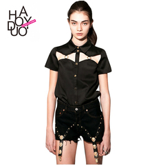 Haoduoyi欧美时尚胸前性感镂空 金属纽扣拉环黑色翻领短袖女衬衫