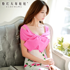 T-girl pink doll 2015 new slim sexy blouses bow strapless short sleeve t-shirt