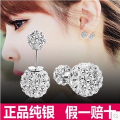 S925纯银双面耳钉 韩版满钻水晶球耳饰 超闪耳环个性 多种戴法