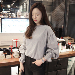 2016秋季新款韩版宽松条纹上衣套头灯笼袖衬衣长袖衬衫女 潮