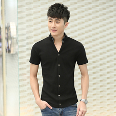韩版夏装男士短袖T恤修身立领半袖打底衫夏季潮流开衫上衣服男装
