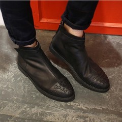 墨斗先生日系男士真皮马丁靴英伦风复古做旧编织皮靴套筒牛皮短靴