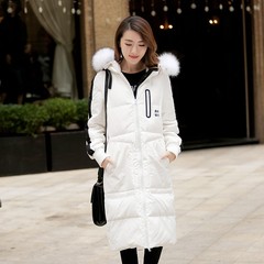 2016冬新款女装韩国大毛领修身中长款黑白拼接羽绒服加厚过膝外套