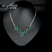 Thai Thai Silver 925 Silver retro Palace Luxury female green agate gemstone necklace