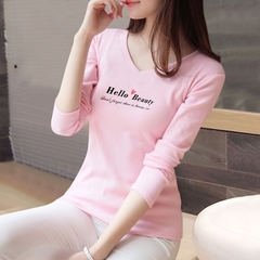 长袖t恤女装打底衫英文印花粉色体恤简约大码上衣服韩版春季新品