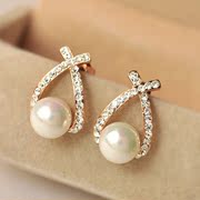 Escort email Korea high-grade quality socialite cross encrusted faux Pearl Earrings flashing diamond fashion jewelry