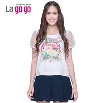Lagogo/拉谷谷2015夏季新款时尚英文印花纱网短袖上衣EBA611J615