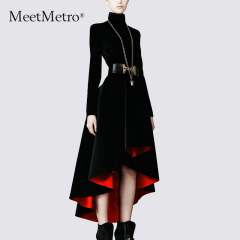 MeetMetro2016秋冬季新款黑色晚礼服裙长袖大摆金丝绒连衣裙长裙