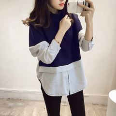2016秋装新款韩版时尚条纹拼接立领上衣宽松长袖假两件套头卫衣女