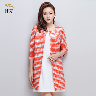 纤麦服饰旗舰店纤麦2016秋装新款大码七分袖开衫女胖mm200斤千鸟格外套女中长款