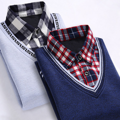 秋冬装男士格子衬衫青年修身韩版衬衣学生假两件针织衫寸衫上衣服