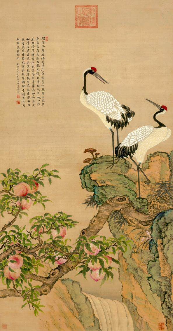 仿古画名画复制品清沈铨蟠桃双鹤图60114厘米名人字画