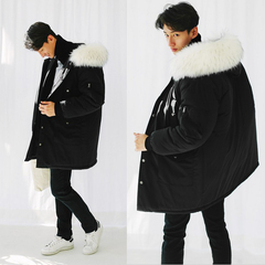 韩国代购男装外套东大门16冬季新款中长款白色大毛领加厚棉衣棉服