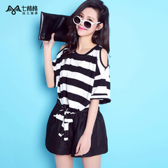 Summer of seven space space OTHERMIX2015 new black and white stripes prints five sleeves loose strapless t shirts women