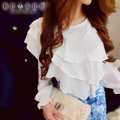 Long sleeve blouse in pink doll 2015 autumn Lady temperament Lotus Leaf collar chiffon white shirt girl