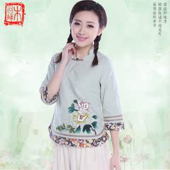 中国风唐装女上衣 中式手绘棉麻汉服女传统国学服装 女士茶人服夏