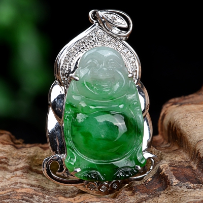 【通泰玉器】天然翡翠a货18k金镶钻立佛吊坠 2.34