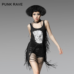 PUNK RAVE设计师品牌原创新品 印花烧花侧边流苏条无袖T